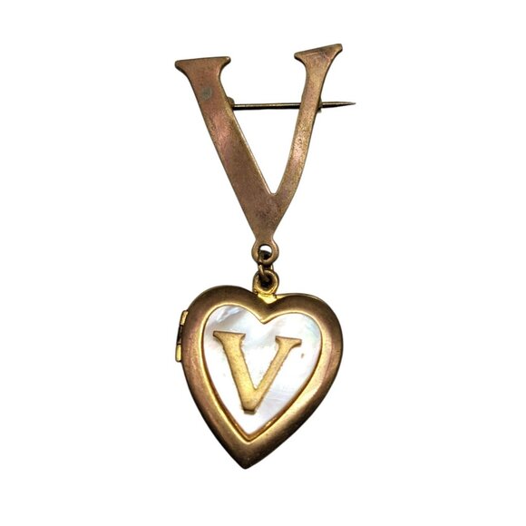 Antique V Monogram Heart Photo Locket Brooch Mother of Pearl Gold Plated Charm - Picture 2 of 7